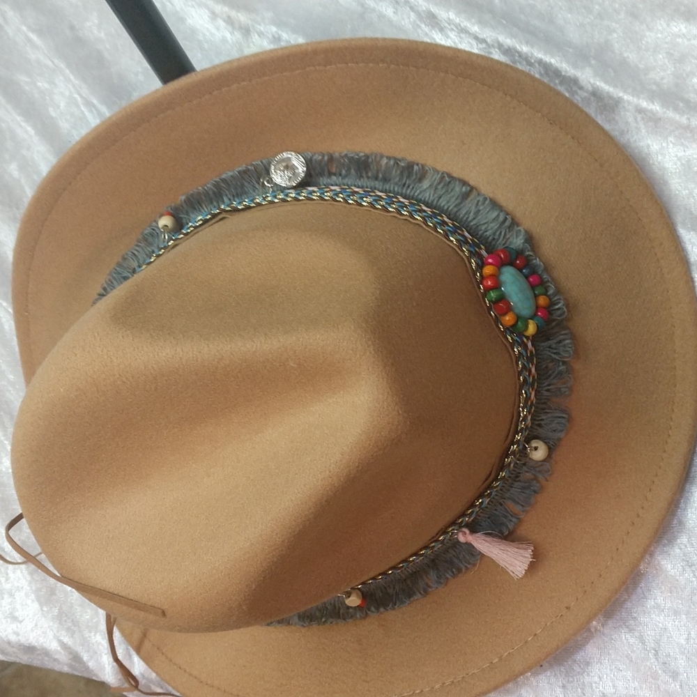 Unisex Western Southern Tan Cowboy Hat Turquoise Tassels Pendants Fringe Accent - Picture 12 of 13